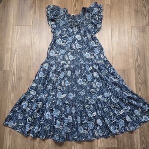 ULLA JOHNSON Dress Womens 2 Blue Floral Zuma Pocket Ruffle Midi Cottagecore Boho